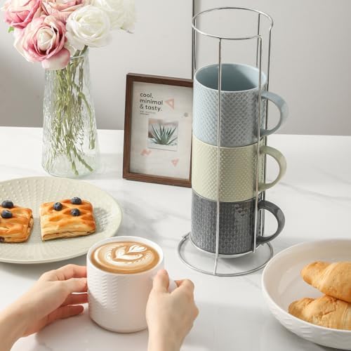 HASENSE Coffee Mugs with Metal Stand,15 oz Ceramic Stackable Mug Set
