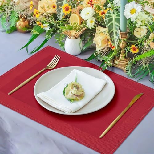 Red Placemats Set of 4, 12x18 Inch Faux Linen Table Mats