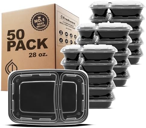 Freshware Meal Prep Containers [50 Pack] 2 Compartment with Lids, Food