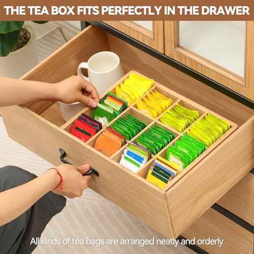 KIRIGEN Wooden Tea Bag Organizer for Drawer, 12 Compartments, Natural