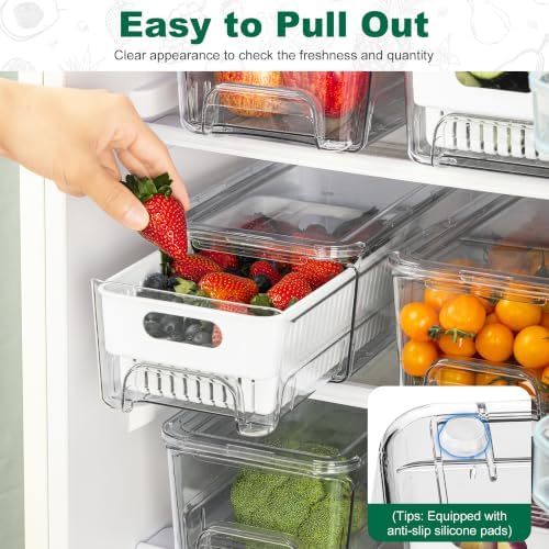 Antimbee Pull-Out Fridge Organizer Bins, 4-Pack, Removable Colander