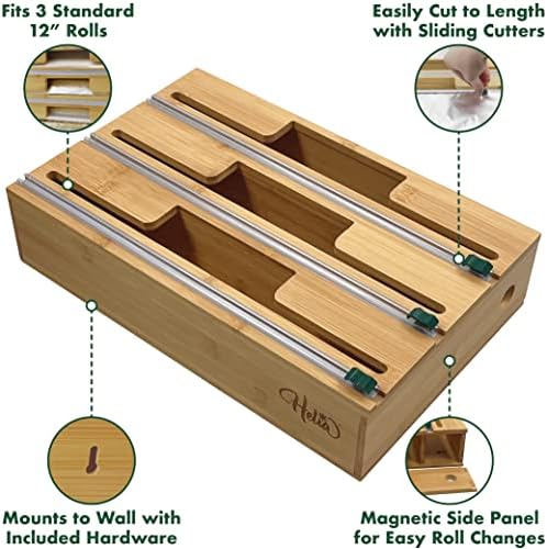 HELIA Bamboo Kitchen Wrap Organizer | Wall Mounting Solid Bamboo Foil and Plastic Wrap Dispenser with Sliding Cutters | Aluminum Foil and Plastic Wrap Dispenser with Cutter