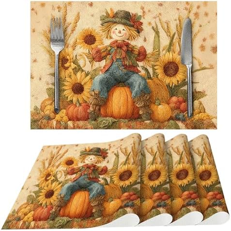 Thanksgiving Scarecrow Placemats Set of 4 Washable Table Place Mats
