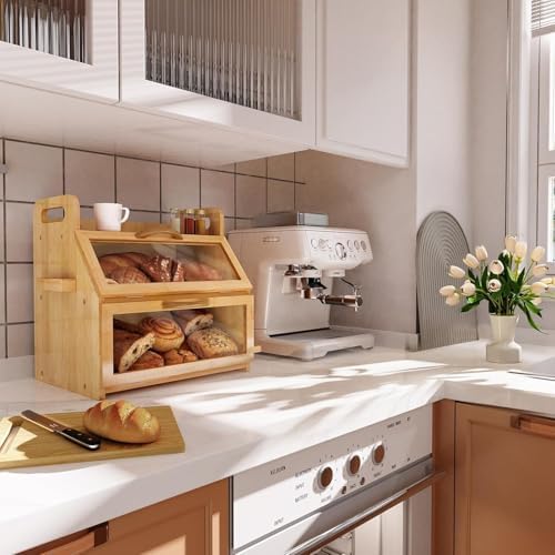 BAMBANG Bread Box for Kitchen Countertop, Extra Large Double Layer Bamboo Breadbox with Clear Window, Farmhouse Wooden Bread Storage Container for Homemade Bread, Knife & Cutting Board Holder, Natural