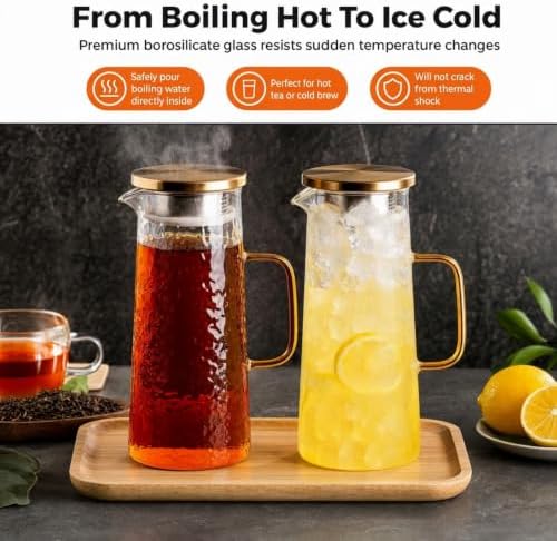 Glass Water Pitcher 2 Pack with Lid & Filter, 50 oz 1.5L Borosilicate
