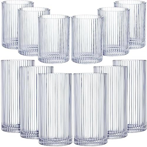 Zhehao 12 Pcs Ribbed Drinking Glasses Clear Vintage Cups Set, 9 oz
