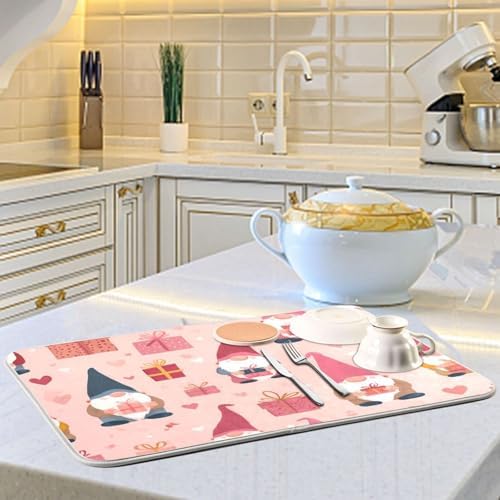 OTVEE Gnome Gift Pattern Dish Drying Mat for Kitchen Counter Absorbent
