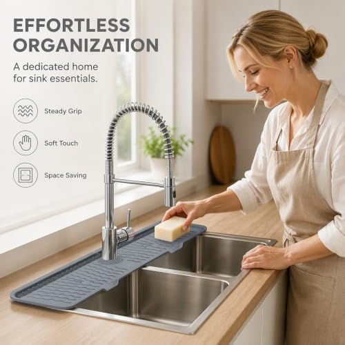 Faucet Mat for Kitchen Sink, Silicone Sink Splash Guard with 7° Slope