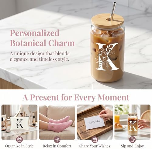 Unique Initial Glass Cup with Lids and Straws, Monogrammed Gifts Box