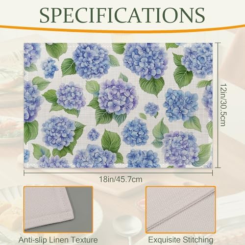 Blue Hydrangea Flower Fabric Placemats,Spring Floral Table Placemats