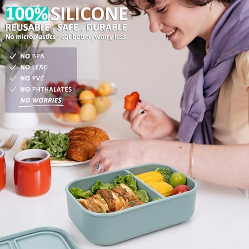 100% Silicone Bento Box Adult with 2 Compartments, 32oz, Reusable