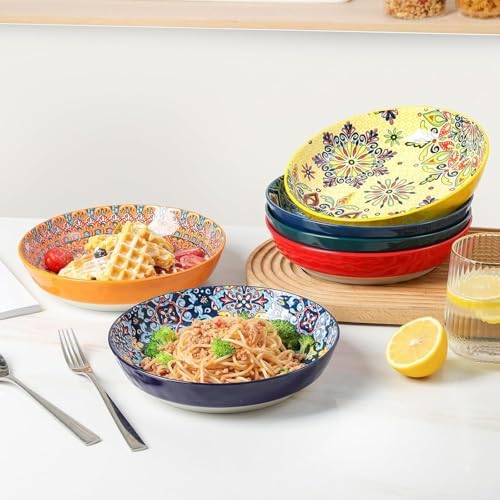 KitchenTour Pasta Bowls Set of 6-30 oz Large Wide & Shallow Serving