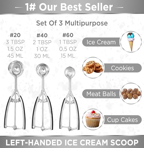 Lefty’s Left handed Ice Cream Scoop Set of 3 - #20, 40, 60 Portion