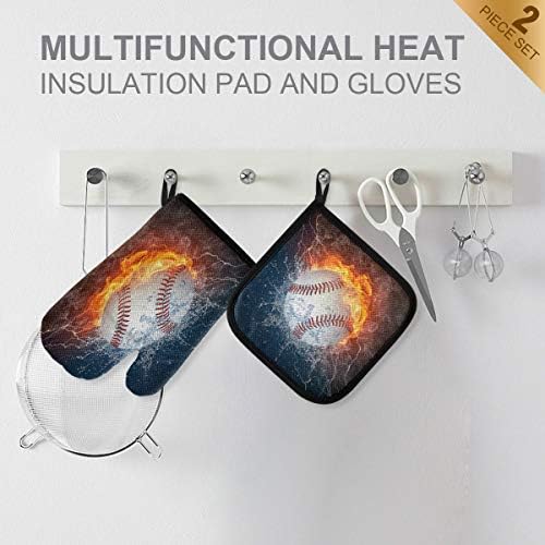 QMXO Baseball Sport in Fire Water Oven Mitts Quilted Cotton Lining
