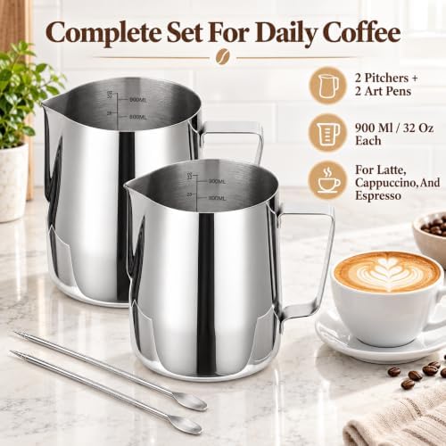 2 PCS Milk Frothing Pitcher, 32oz Stainless Steel Coffee Steaming