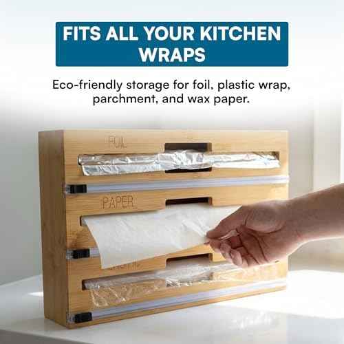 Honey-Can-Do Bamboo Wrap Organizer with Safety Cutter — 3-in-1 Drawer Holder for Aluminum Foil, Wax & Parchment Paper, and Plastic Wrap (Fits 12" Rolls)