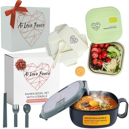AI LOVE PEACE Microwave Ramen Bowl & Glass Meal Prep Container Bundle
