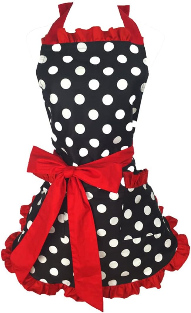Hyzrz Cute Apron Retro Black Polka Dot Retro Ruffle Side Vintage Cooking Aprons by Hyzrz
