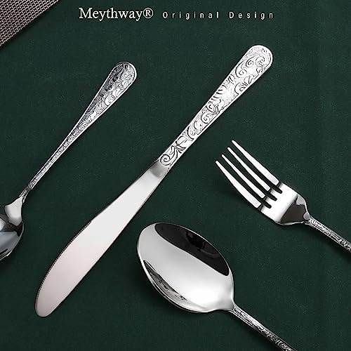 Meythway 40-Piece Vintage Carved Silverware Set for 8, Stainless Steel Flatware Set with Knife/Fork/Spoon, Cutlery Set for Home and Kitchen, Utensil Set with Dishwasher Safe