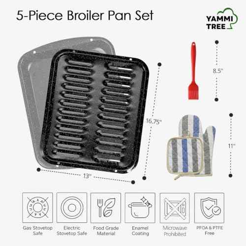 Broiler Pan for Oven16.75" ×13" Nonstick Grill Pan 5-Piece Set,Enamel Coated Drip Tray Heavy Duty Broil Pans and Rack Heat up to 572° F for Bacon Chicken Wings Steak Healthy Cooking Safe