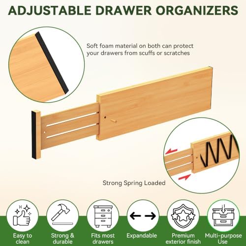 FJO 6 Pack Bamboo Drawer Dividers 4.65" High Adjustable from 17'' to
