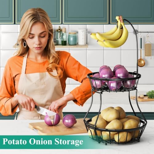 SAYZH 2-Tier Large Fruit Basket Bowl for Kitchen Counter with Banana Hanger