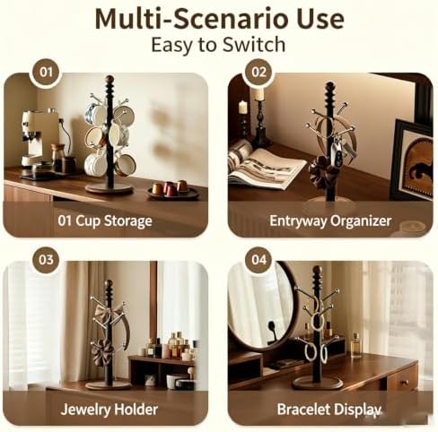 Wooden Mug Tree Holder, Countertop Coffee Cup Stand with Solid Wood