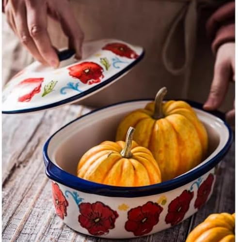 Floral Ceramic Casserole Dish with Lid – 40oz Oval Baking Dish