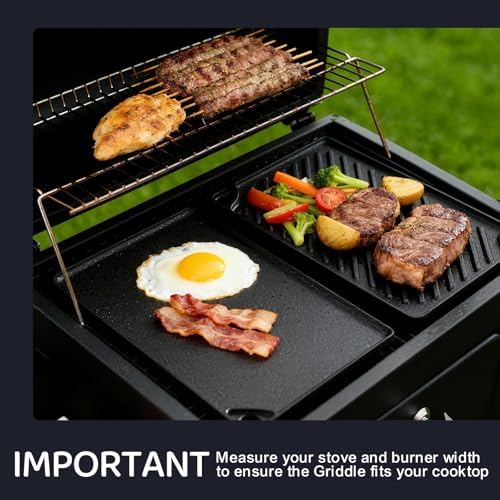 EWFEN Reversible Grill/Griddle, 16.7x9.5'' Pre-Seasoned Cast Iron Griddle Pan, Double Burner Cookware, Rectangular Stovetop Griddle with Handles, Flat Top Plate for Oven, Grill & Campfire