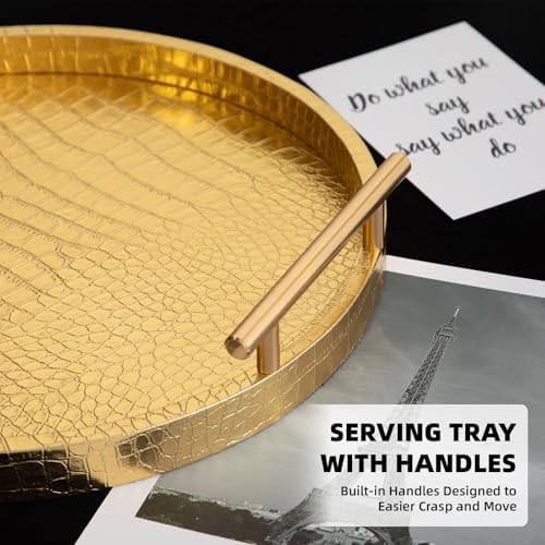 Modern Decorative Tray Set of 2, Wooden Round Crocodile Leather Tray