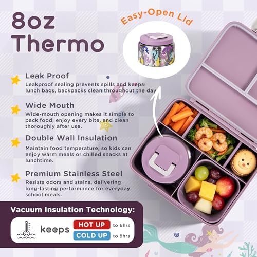 Kids Bento Lunch Box with 8oz Thermo, Ice Pack & Dividers for School