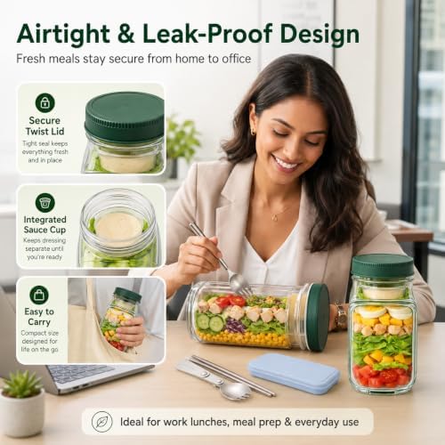 Nexoro 2 Pack Salad Jar with Side Opening Lid, Salad Bowl Container