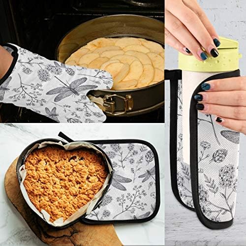 QMXO Tropical Floral Dragonfly Pattern Oven Mitts Quilted Cotton