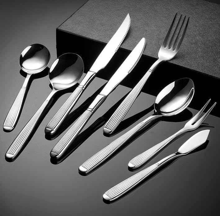 Silverware Set Service for 12 Hammered Handle Utensils Roman Column