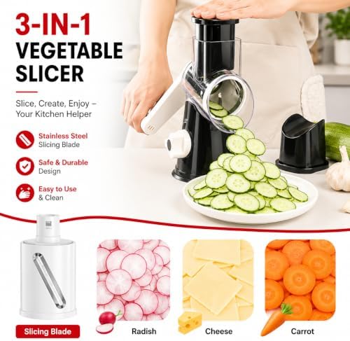 Rotary Cheese Grater with 3 Blades and Suction Base