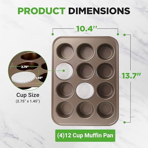 NutriChef Muffin Pans for Baking 4-Pack | Nonstick 12 Mold Cupcake