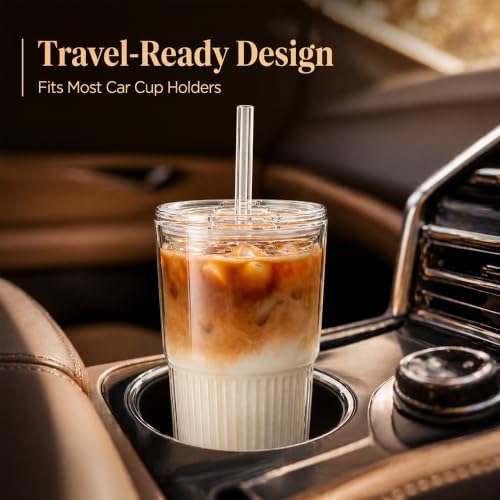 Haundry Ribbed Glass Cups with Lids and Straws (2 Pack), 16oz Iced