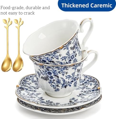 Set of 2 Porcelain Tea Cups and Saucers with Spoon, 6 Oz