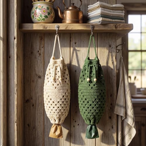 2 Pcs Crochet Plastic Bag Holders Boho Macrame Grocery Bag Holder
