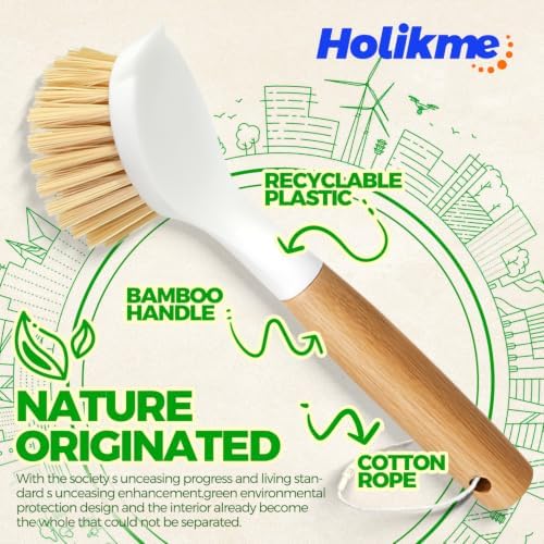 Holikme 5 Pack Bamboo Dish Brush with Handle 14" Bottle Brush Straw