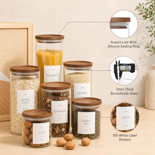 6 Pack Glass Jars with Acacia Lids, 32oz Pantry Airtight Storage