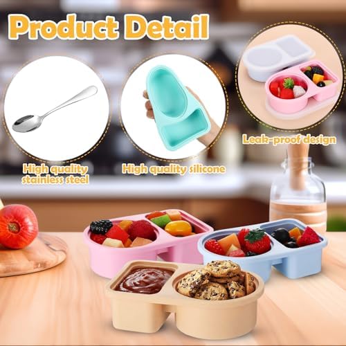 6 Pack Silicone Snack Boxes, 8 oz Dual Compartment, Not Foldable