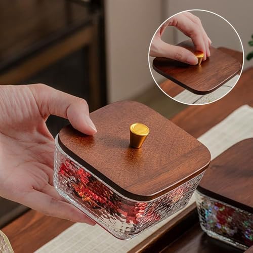3 Jars Square Glass Snack Box with Walnut Wooden Lids & Tray, Divided