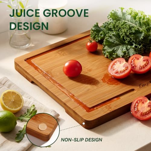 Empune Bamboo Cutting Board Set with Stand & Juice Grooves, Deep