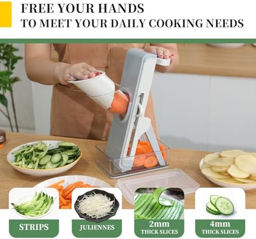 Safe Mandoline Slicer for Kitchen, Adjustable Vegetable Slicer, Julienne Slicers, Cut Resistant Stainless Steel Blades, Potato Fry Cutter, Onion Chopper, Detachable, Dishwasher Safe, Kitchen Gadgets