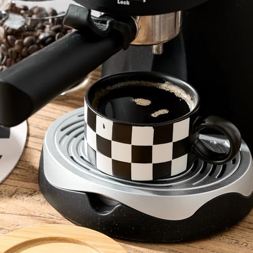 LUKA 6 Ounce Ceramic Stackable Black and White Checkered Espresso Cups