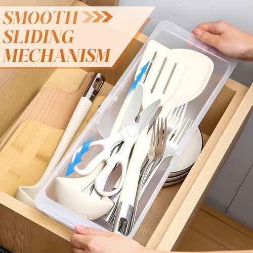 2 Pack Deep Drawer Organizer Bins, Adjustable Sliding Drawer Organizer Bin Expandable Tray for Kitchen Utensils, BBQ Tools, Towels, Durable Plastic Sliding for Easy Storage (12.4" to 18")