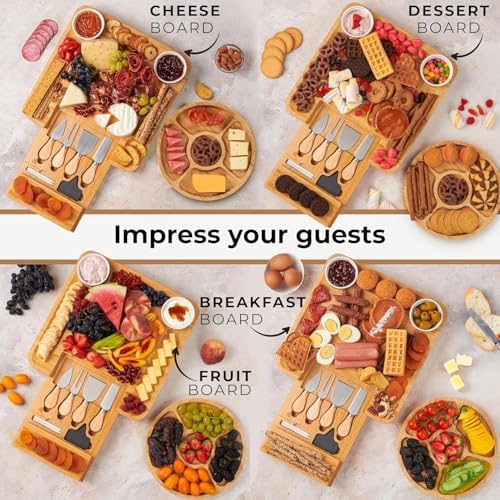 Bamboo Charcuterie Boards Gift Set - Meat and Cheese Tray with Utensils