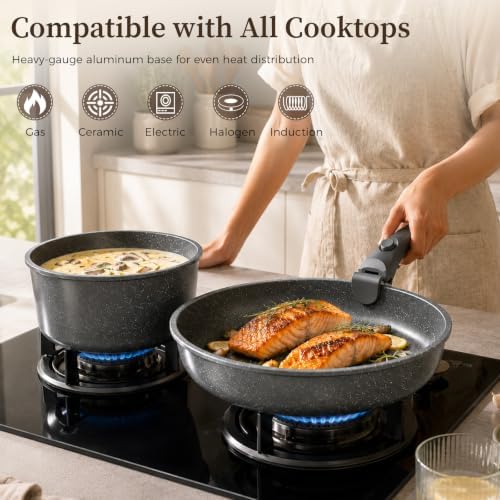 YASHE 9Pcs Granite Nonstick Pots and Pans Set, Stackable, Oven Safe