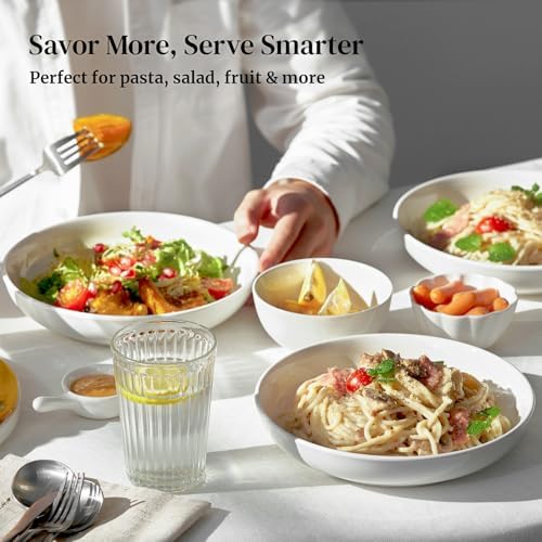 DOWAN 8.5" Pasta Bowls, 32oz Salad Bowls Set of 6, Natural White